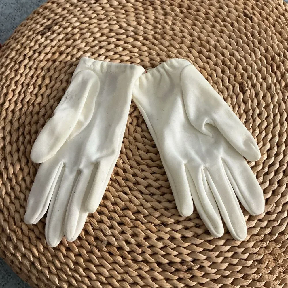 Vintage White Nylon Dress Gloves Small Eyelet Cutout Bow Formal Bridal